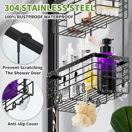 SHANSHUI Shower Hanging Caddy, Double Bathroom Showers Organizer Basket, Shampoo Bracket, Over Door Shower Rack with Hooks, 304 Stainless Steel Rustproof