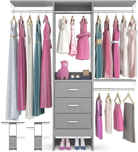 Besiost 4FT Small Closet System with 3 Fabric Drawers, 48'' Closet Organizer System With 3 Adjustable Shelves, Flexible Built-In Clothes Garment Rack for Small Space, 48" L x 13" W x 71" H, Grey