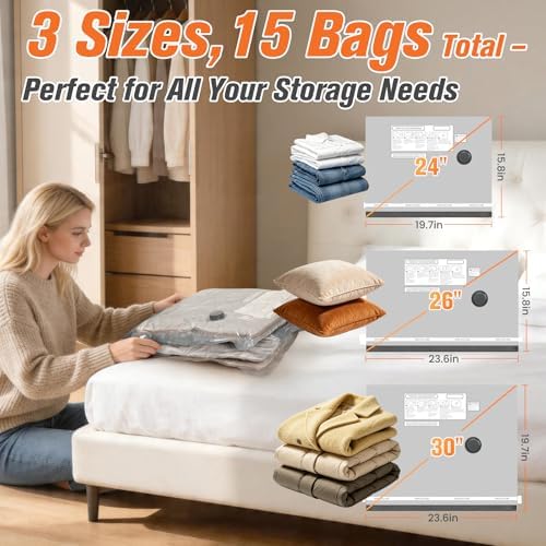 18 Pack Vacuum Storage Bags for Travel with Rechargeable Cordless Pump, Space Saver Bags for Clothes, Compression Packing Bags for Luggage and Suitcase, 18 Combo Size