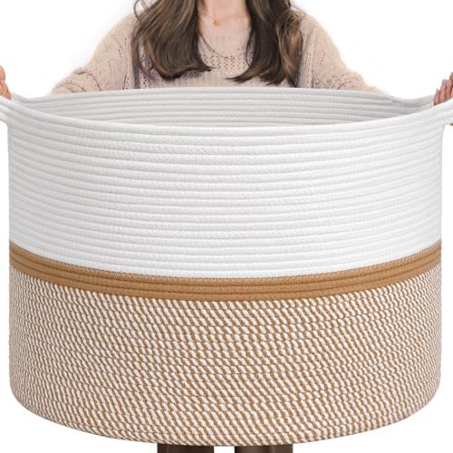 CHICVITA XXL Cotton Rope Woven Blanket Basket with Handles, White & Brown