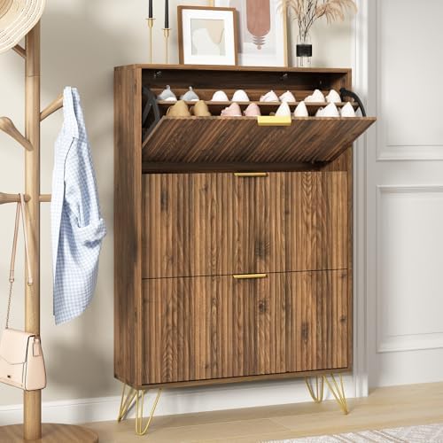 48" H Fluted Shoe Storage Cabinet with 3 Flip Drawers for Entryway, Walnut ☞Hidden Shoe Cabinet Storage, Narrow Free Standing Shoe Organizer, Shoe Rack Cabinet for Foyer Hallway