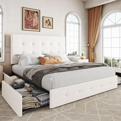 Allewie Full Size Storage Bed Frame with 4 Underbed Drawers, Soft White