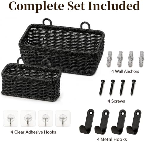 Wall Hanging Baskets, 2 Pack Woven Wicker Baskets with Hooks, Black