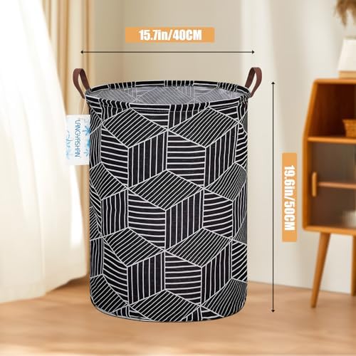 Round Laundry Basket Collapsible Storage Hamper Organizer Black diamond | Waterproof Canvas Foldable Baskets with sturdy Handles Multi-scene Organizer for Home Play Bedroom Gift Bin