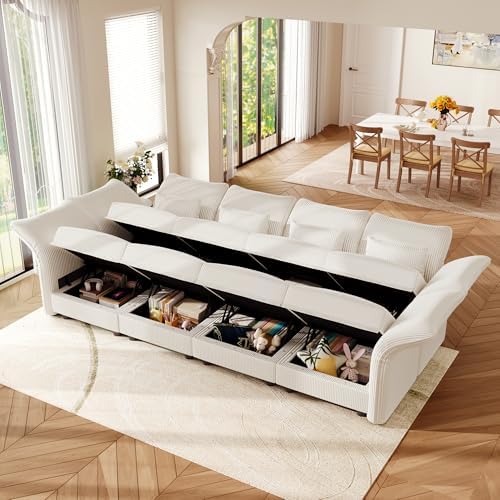 LLappuil Corduroy Modular Sectional Sofa with Storage Seat, Convertible Sectional Couches for Living Room with Adjustable Arms Backs, Plush Cushions, 8 Seater, Beige