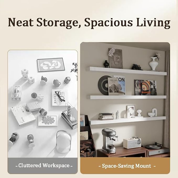 60 Inch Floating Shelves for Wall, Set of 3 | Wood Wall Mounted Shelves with Invisible Brackets, Rustic Farmhouse Long Shelf for Bedroom Living Room Kitchen (White)