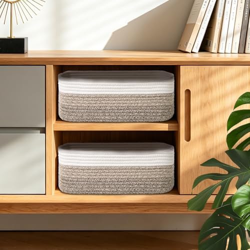 Shallow Storage Baskets for Shelves, 15x11x5.1 Inch Woven Baskets for organizing, 2 Pack Storage Bins for Nursery, Bathroom, Closet, Decorative, Gradient Brown