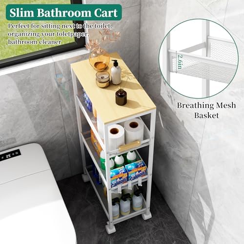 4-Tier Slim Utility Rolling Laundry Cart with Wheels, Easy to Assemble | 9.1" Wide for Narrow Spaces, Wood Top with Metal Frame, Mobile Storage Shelves for Bathroom, Kitchen, Office