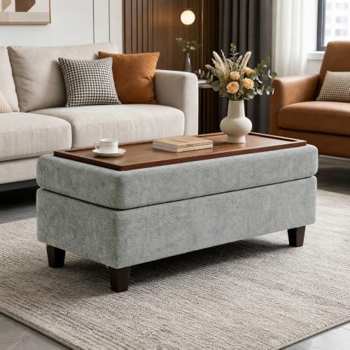 GENTEACO 45" Ottoman Coffee Table with Storage, Reversible Wooden Tray Top, Large Chenille Upholstered Ottoman, Hidden Storage Foot Rest Bench for Living Room, Bedroom, Entryway,Light Gray