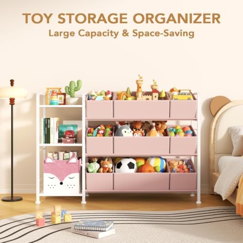 BBLIKE Kids Bookshelf and Toy Storage Organizer with 9 Removable Toy Bins | 43.7"x11.8"x 31.5", Metal Frame, Adjustable Feet, Stuffed Animal Storage Rack for Playroom, Bedroom, Nursery, Pink