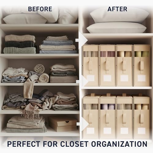 Ornavo Home Linen Bed Sheet Organizer Bins 4 Pack, With Handles, Khaki