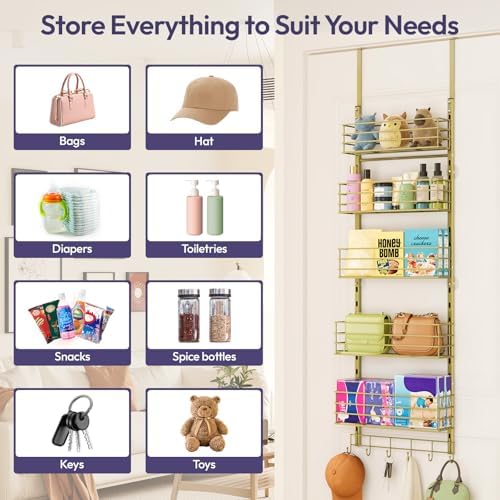 SWTYMIKI Over The Door Organizer - Door Organizer Hanging with 5 Adjustable Metal Large Capacity Basket and 6 Coat Hook, Wall Mounted Shelf for Bedroom Closet Bathroom Laundry Pantry Cabinet Kitchen