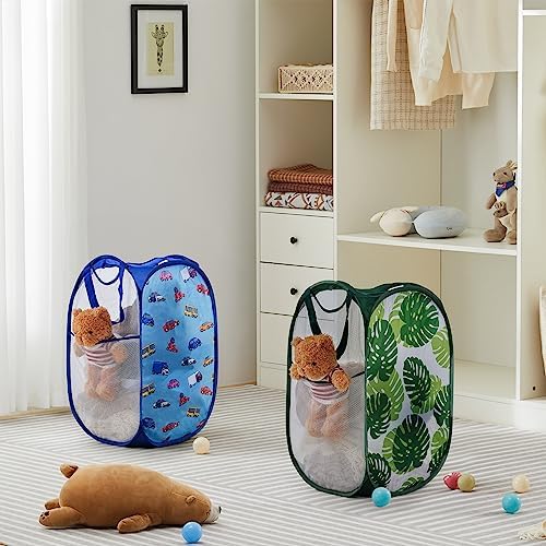 TECHMILLY Collapsible Mesh Pop Up Laundry Hamper with Sturdy Handles and Side Pocket - Portable Foldable Clothes Baskets for Dorm, Bathroom & Travel Storage (Green Leaf)