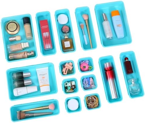 Kutesna 15PCS Interlocking Drawer Organizer, Plastic Desk Organizer Set | 3-Size Versatile Storage Bins,BPA-free,Non-slip, Fits Any Drawer for Cosmetics,Bathroom, Tools,Kitchen and Office（Blue&Green）