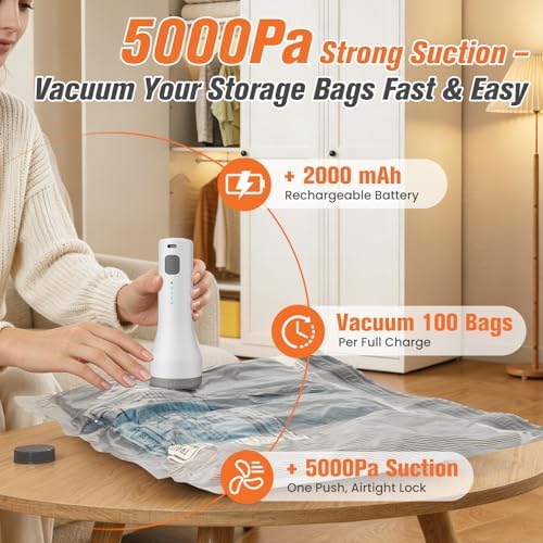 18 Pack Vacuum Storage Bags for Travel with Rechargeable Cordless Pump, Space Saver Bags for Clothes, Compression Packing Bags for Luggage and Suitcase, 18 Combo Size