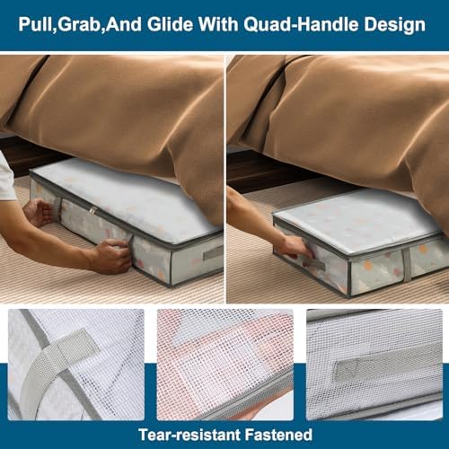 4 Packs Under Bed Storage Containers Bins, Humid-Proof Plastic Underbed Storage Bins, Closet Organizers and Clothes Storage Bags, Under the Bed Blanket Storage with Handles for Clothes,Bedroom