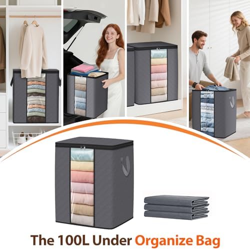 SpaceWhisper 3 Pack 100L Clothes Storage, Foldable Storage Bags, Grey