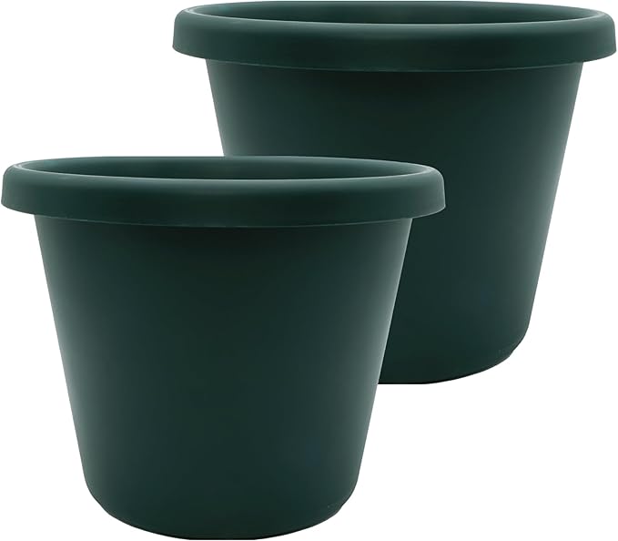 The HC Companies 14 Inch Classic Round Planter Pots with Drainage, Rolled Rim Plastic Planters for Indoor & Outdoor Plants, 2-Pack Decorative Flower Pots for Garden, Office & Home Decor, Evergreen