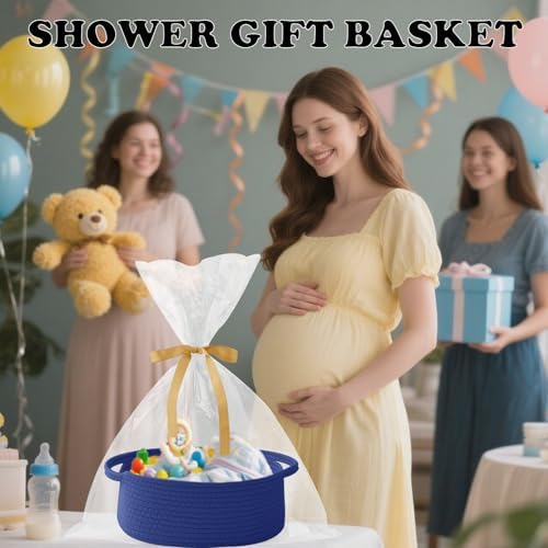 Royal Blue Woven Rope Basket,Baby Gift Basket with Bag & Ribbon