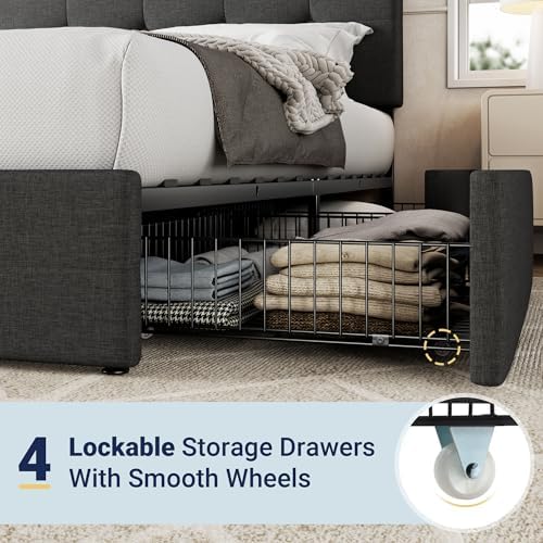 Allewie Queen Size Storage Bed Frame with 4 Underbed Drawers, Dark Grey