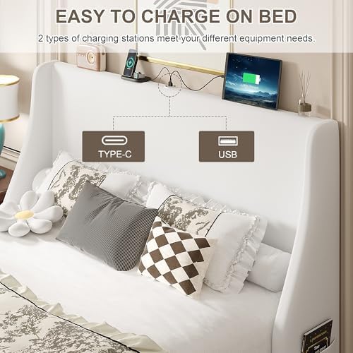 VECELO Full Bed Frame with Upholstered Wingback Headboard, Heavy-Duty Platform Bedframe with Charging Station, Wooden Slats, No Box Spring Needed, White