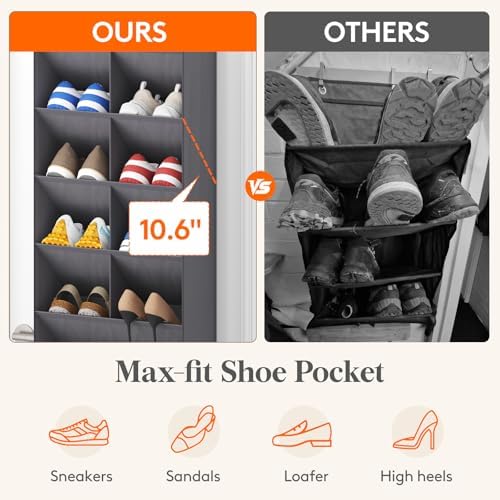 Lifewit 10 Tier Over the Door Shoe Organizer with 19 Large Deep Pockets, Fabric Hanging Shoes Shelf for Closet, Dorm Storage, Fit Up to 20 Pair Shoe Rack Holder for Sneakers, Boots, Gray