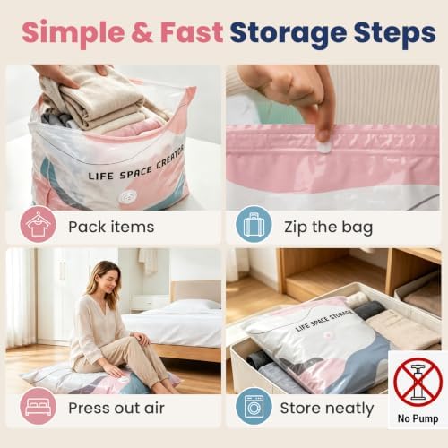 8PCS No Pump Vacuum Storage Bags, No Pump Large Vacuum Storage Compression Bags, Thick Airtight Reusable Organizer for Clothes Comforters Travel Moving Closet Storage (M)