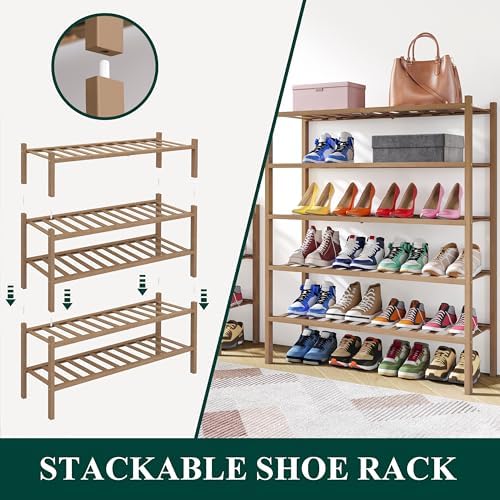 Smiry Bamboo Shoe Rack, 14 Vertical Slats, 3 Tier - 26.8" Wide, Walnut