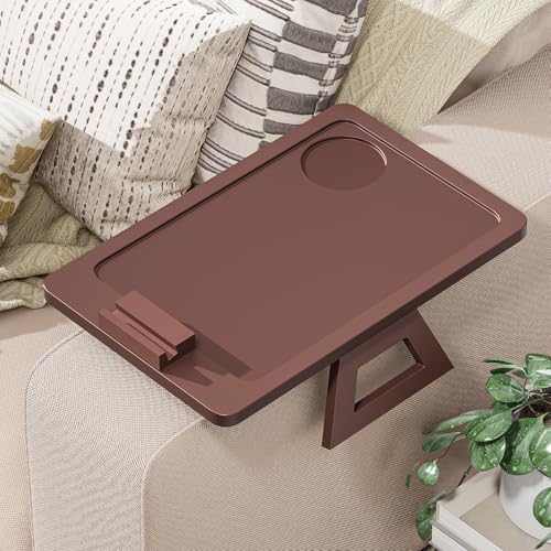 Youpehom Bamboo Sofa Tray,Couch Arm Table, Clip-On Armrest Tray Table for Wide Couch Foldable Tray with 360° Phone Holder Couch Arm Tray for Eating/Drinks/Snacks/Remote，2 Pack