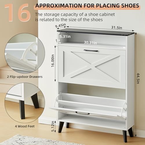 Joaxswe Narrow Shoe Cabinet with 2 Flip Drawers for Entryway,White