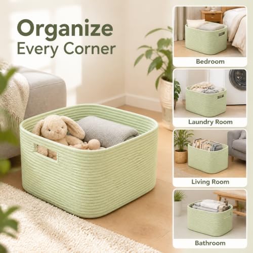 12.8GAL Small Cute laundry basket for nursery, Boho Square storage basket for Living Room Decor, Kids Girls Boys Toys Stuffed Animal Decorative Short Hamper for Dirty Clothes, Bath Towel Sage Green