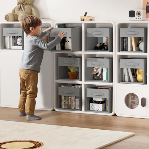 DIMJ Storage Cubes, 12 Pack Cube Storage Bin, Foldable Cube Organizer Storage Bins with Window, Closet Storage Bins with Handle, 11 x 11 inch for Clothes, Toys, Books (Grey)