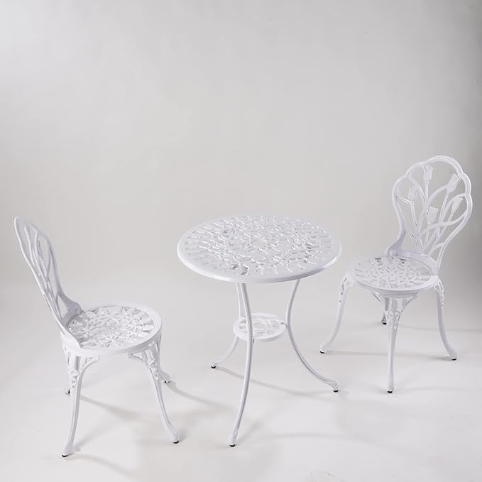 KAILI Patio Bistro Sets 3 Piece cast Aluminum Patio Furniture Outdoor Garden Metal Rust Proof Tables and Chairs White bisrto Set (Tulips-White)
