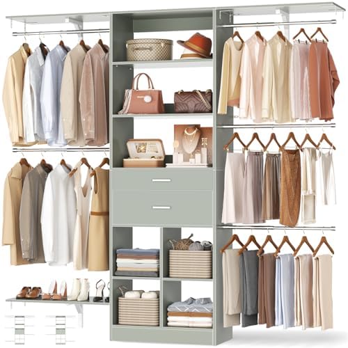 Small Closet System - 5FT Closet Organizer System with Wooden Drawers, 60 Inches Walk In Closet System With 5 Hanging Rods, Can Fit 1.58 to 6.8 FT with Reversible Hanging Shelving, Crab Green