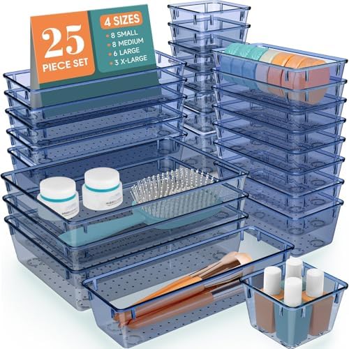 25 PCS Drawer Organizer Set, 5 Size Bathroom and kitchen organizer Trays | Bathroom and kitchen Drawer cabinet organizer Trays, Clear Storage Bins for Makeup, Jewelry, Utensils and Gadgets