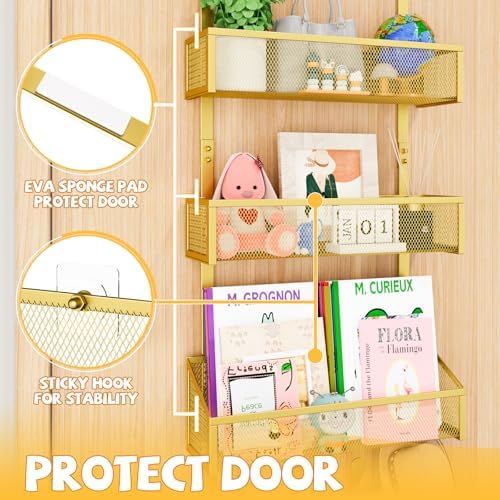 Kaiferty Over The Door Hooks Organizer, Coat Rack Over The Door Storage Hanger Towel Rack, Back of Door Storage Organizer for Bathroom,Bedroom,Kitchen,Office (Gold, 4-Tier)