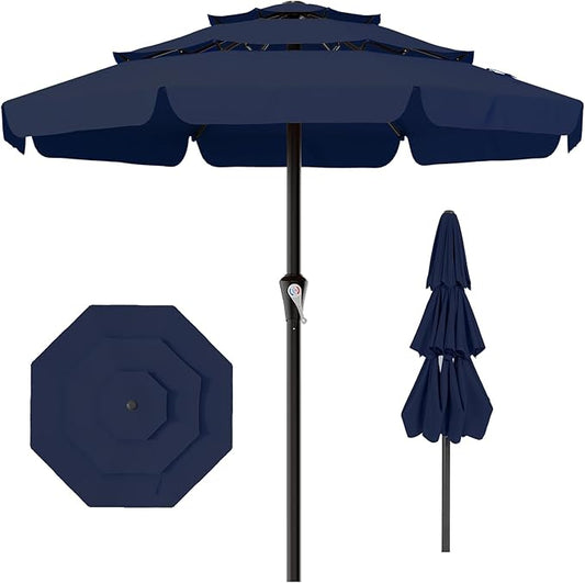 AreShark 11FT 3-Tiers Patio Umbrella with Valance, Outdoor with Crank, Large Outdoor Market Umbrellas Vented with 8 Sturdy Ribs, Patio Table Umbrellas for Garden, Deck, Backyard, Pool, Navy