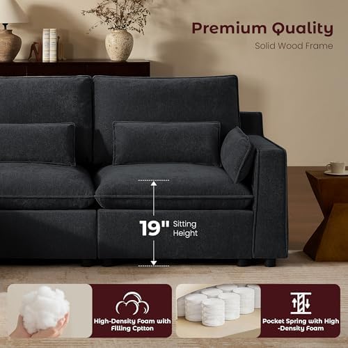 WorthFurni Modern Modular Sectional Sofa,105" V Shape Sectional Cloud Couch with Storage Ottoman,Comfty 6 Seat Sofa for Living Room,Black Chenille