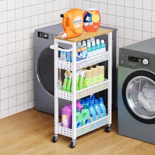 4 Tier Slim Rolling Cart with Wheels for Between Washer and Dryer Storage