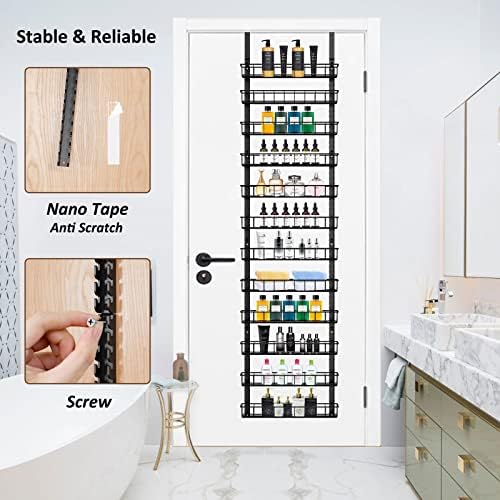 Churboro 12 Tier Over Door Pantry Organizer, 2-in-1 Adjustable Spice Rack | Pantry Door Organizers and Storage, Hanging or Wall Mount Spice Rack, Sturdy Metal Shelves with 12 Adjustable Baskets, Black
