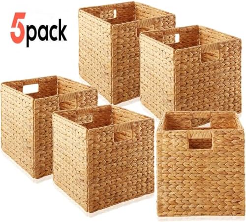 5Pack Woven Shelf Baskets, 10.5'' Water Hyacinth Handmade Open Storage Bins, Light Brown Pantry Baskets Organization Basket Foldable Storage Bins for Bedroom, Cubby Cubes Wicker Basket with Handles