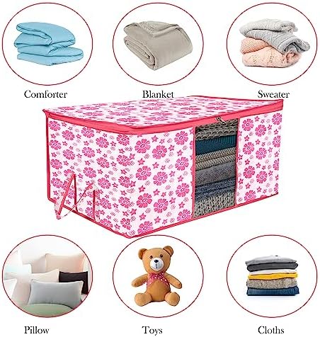Kuber Industries Underbed Storage Bag | Clothes Storage Organizer | Blanket Cover with Clear Window | Zipper Closure & Handle Cloth Organizer | Flower-Design | Large | Pack of 4 | Pink