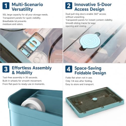 3-Pack 50L Stackable Storage Bins with Lids and Wheels, Foldable Storage Boxes Collapsible Organizers for Home Organization, Storage Cabinets for Outdoor Camping, Mixed Color