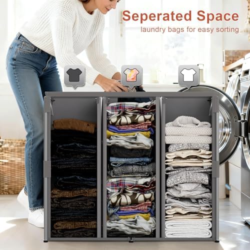WOWLIVE 180L Laundry Hamper with Lid 3 Section, Metal Frame Clothes Hamper