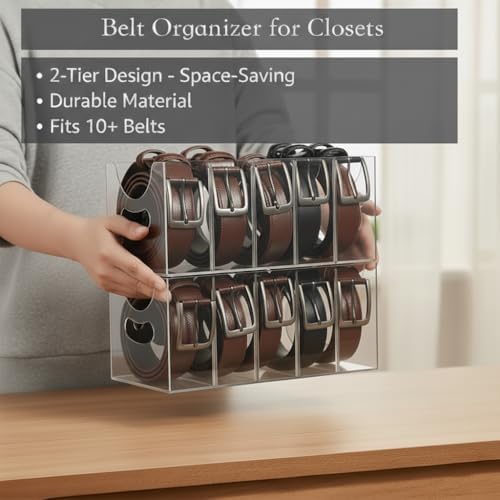 Belt storage Organizer for Closet with Removable Dividers - 5 Compartments & Handles Drawer organization and storage for underwear, Socks, and Bow Ties Acrylic Belt Organizers (3pack)