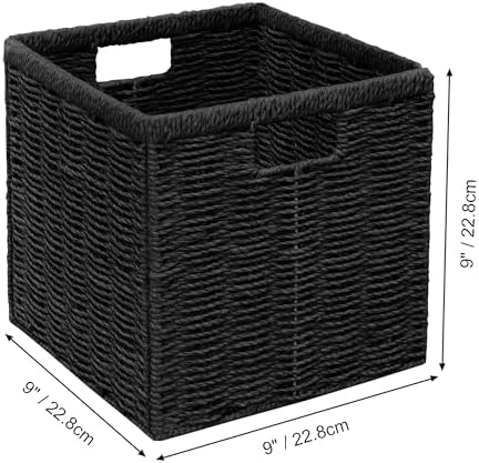 Vagusicc 9 inch Wicker Storage Cubes, Set of 2 Handwoven Wicker Baskets for Storage, Square Cube Organizer Bins, Foldable Paper Rope Storage Baskets for Organizing, Black