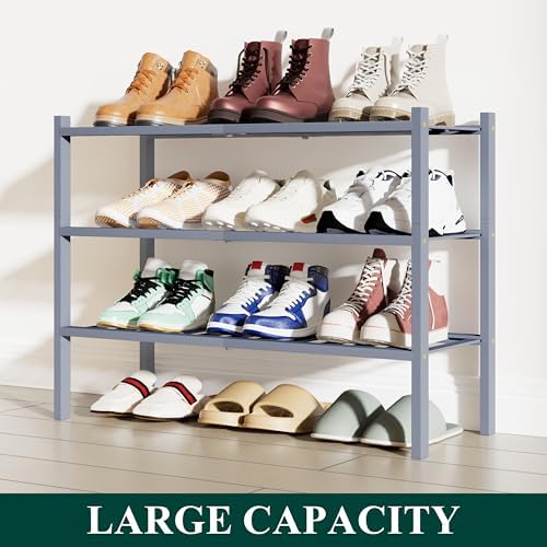 Smiry Bamboo Shoe Rack, 12 Vertical Slats, 3 Tier - 26.8" Wide, Grey