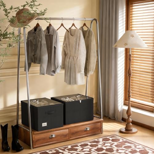 Shoe Organizer for Closet, 2 Pack Foldable Shoe Storage Box with Clear Cover and Adjustable Dividers, Stackable Storage Bins for Boots, Fits up to 32 Pairs (Black, 19.7 × 15.7 × 12.6 in)