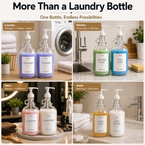 2 Pack Glass Laundry Detergent Dispensers, 64 oz Half Gallon Bottles | Reusable Glass Bottles with Pumps and Labels for a Clean, Organized and Stylish Laundry Room.