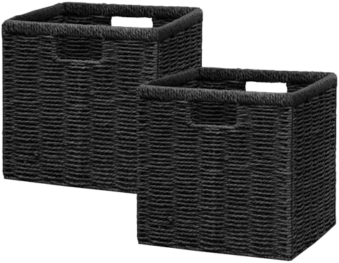 Vagusicc 9 inch Wicker Storage Cubes, Set of 2 Handwoven Wicker Baskets for Storage, Square Cube Organizer Bins, Foldable Paper Rope Storage Baskets for Organizing, Black